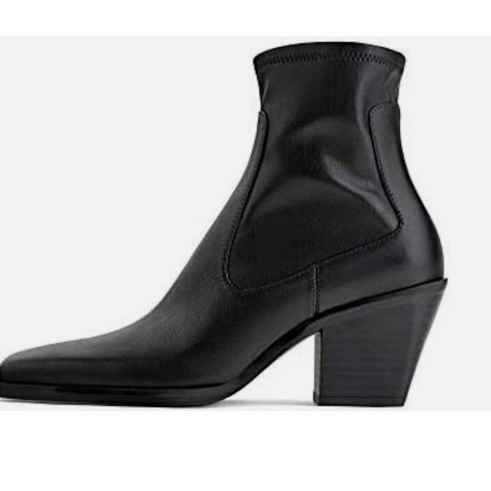 Zara Black Leather Cowboy Heel Ankle Boots Square Toe - Picture 2 of 7